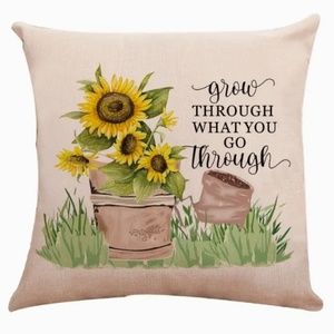 NEW GROW THROUGH WHAT YOU GO THROUGH SUNFLOWER POTTERY LINEN PILLOW COVER 17.7"